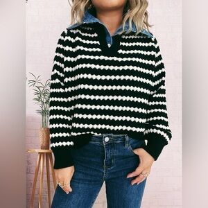 Contrast Striped Sweater with Denim Collar